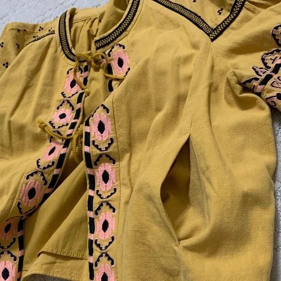Free People Women’s Embroidered Linen Blend Blouse Jacket Mustard Hippie Boho M - Picture 12 of 12